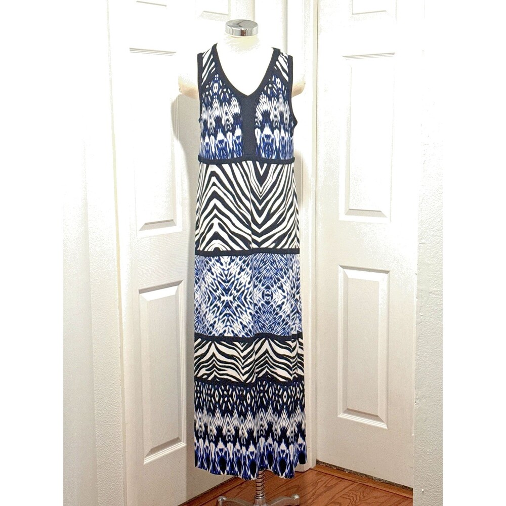 CHICO'S  Size 2 Blue White Black Ikat  Zebra Beach Resort Coastal Maxi Dress EUC